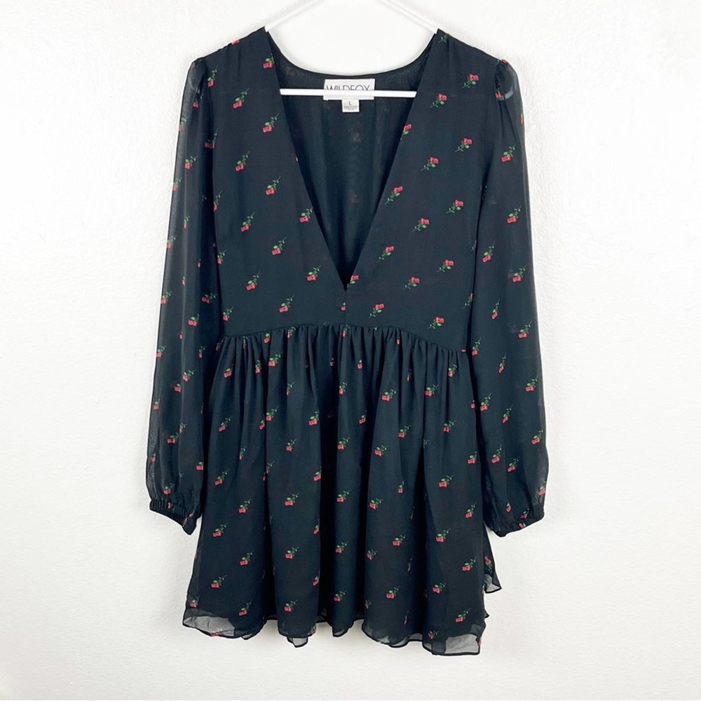 WILDFOX Moira Black Rosebud Deep V-Neck Double Layer Flounce Hem Dress Large